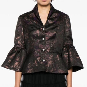 Batsheva Jerri Metallic Embellished Black Gold Ruffle Statement Blazer Jacket